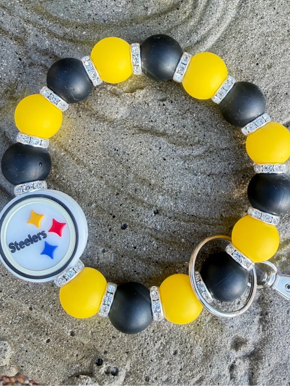 Steelers Inspired Black Gold Silicone Beaded Wristlet Keychain Football